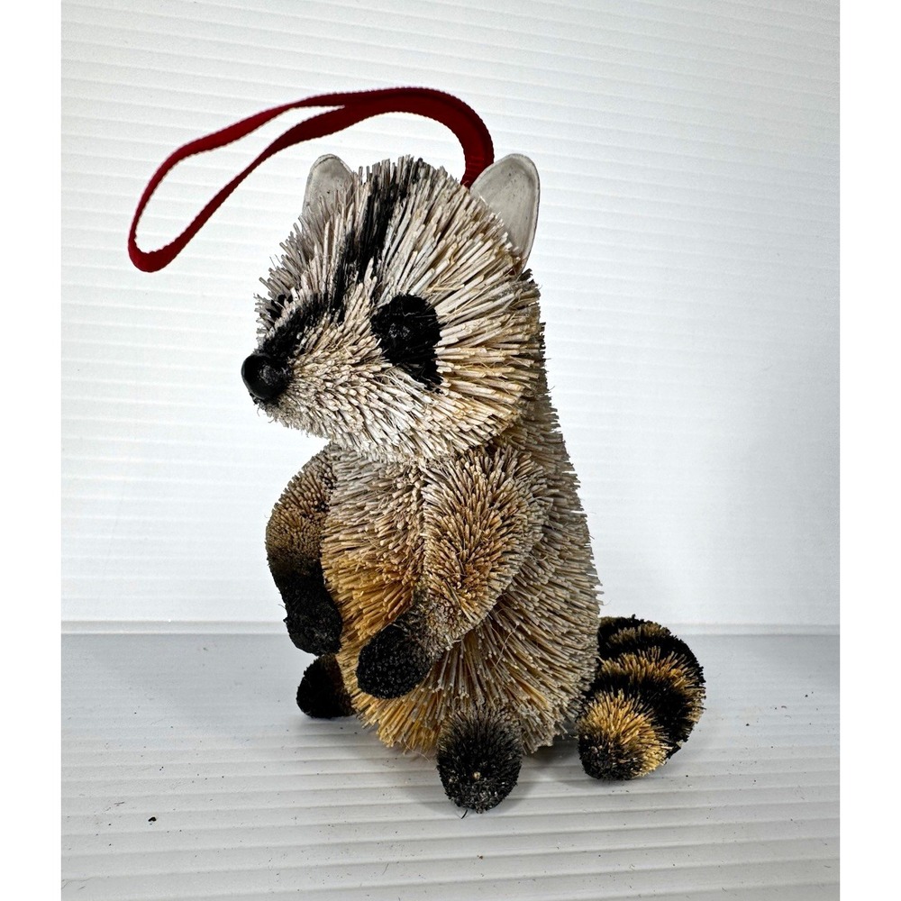 Raccoon Bristle Hanging Ornament w/ Red Ribbon Loop 4" Tall Animal Decor